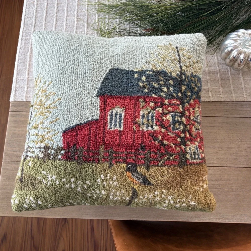 Hand Hooked Wool Red Barn Throw Pillow 18x18 Farmhouse Decor 99BJA03C18SQ